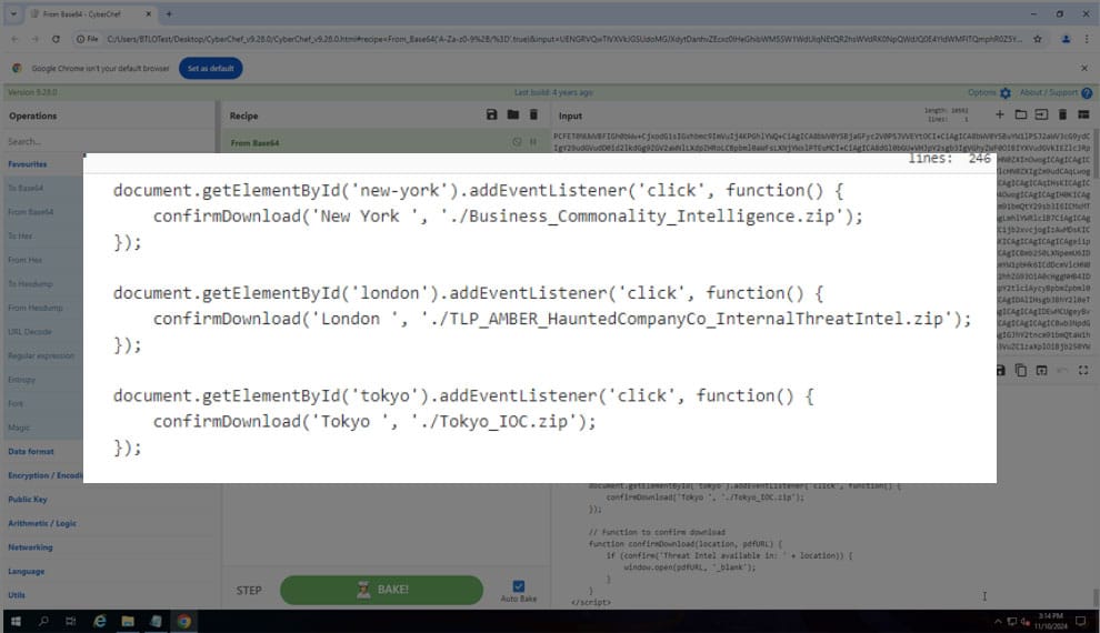 The decoded HTML content, highlighting the references to zip files