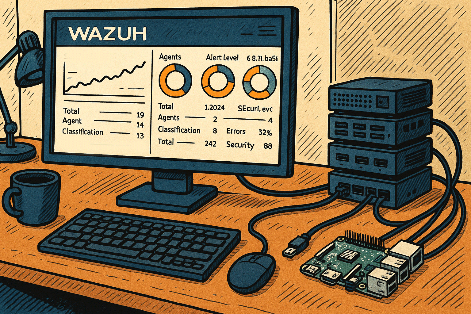 An image representing a home office desk with a monitor and keyboard in the centre, the screen has a Wazuh overview screen on display. To one side are a collection of small form factor computers stacked up and a raspberry pi, all of which are wired into a network switch. Rendered in a comic book format that is nearly isometric in appearance.