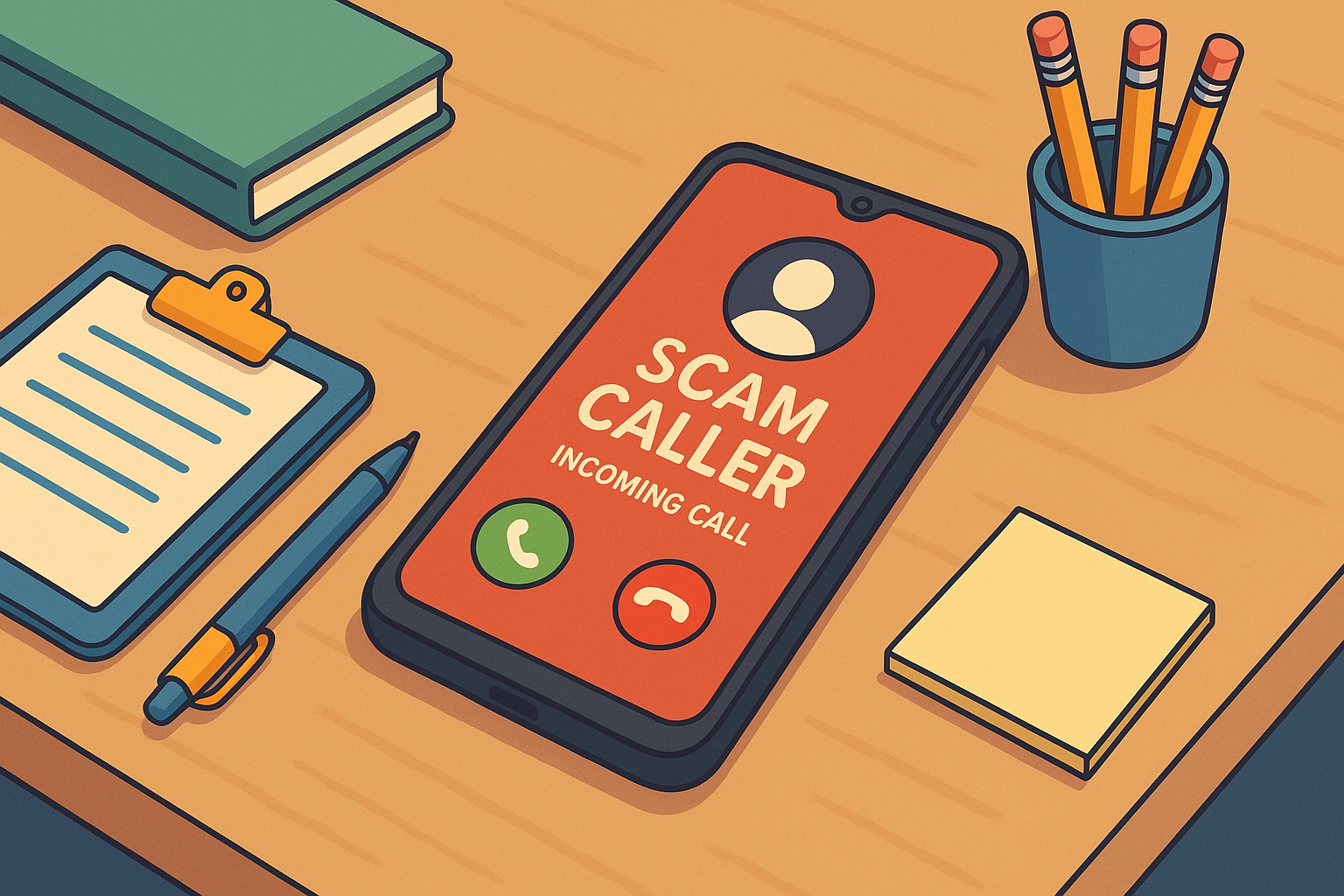 A phone is on a desk and displays an incoming call marked as scam caller.